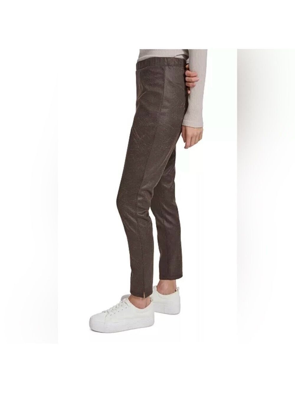 Andrew Marc Pintuck Skinny Faux Suede Pants in Walnut - Picture 2 of 9